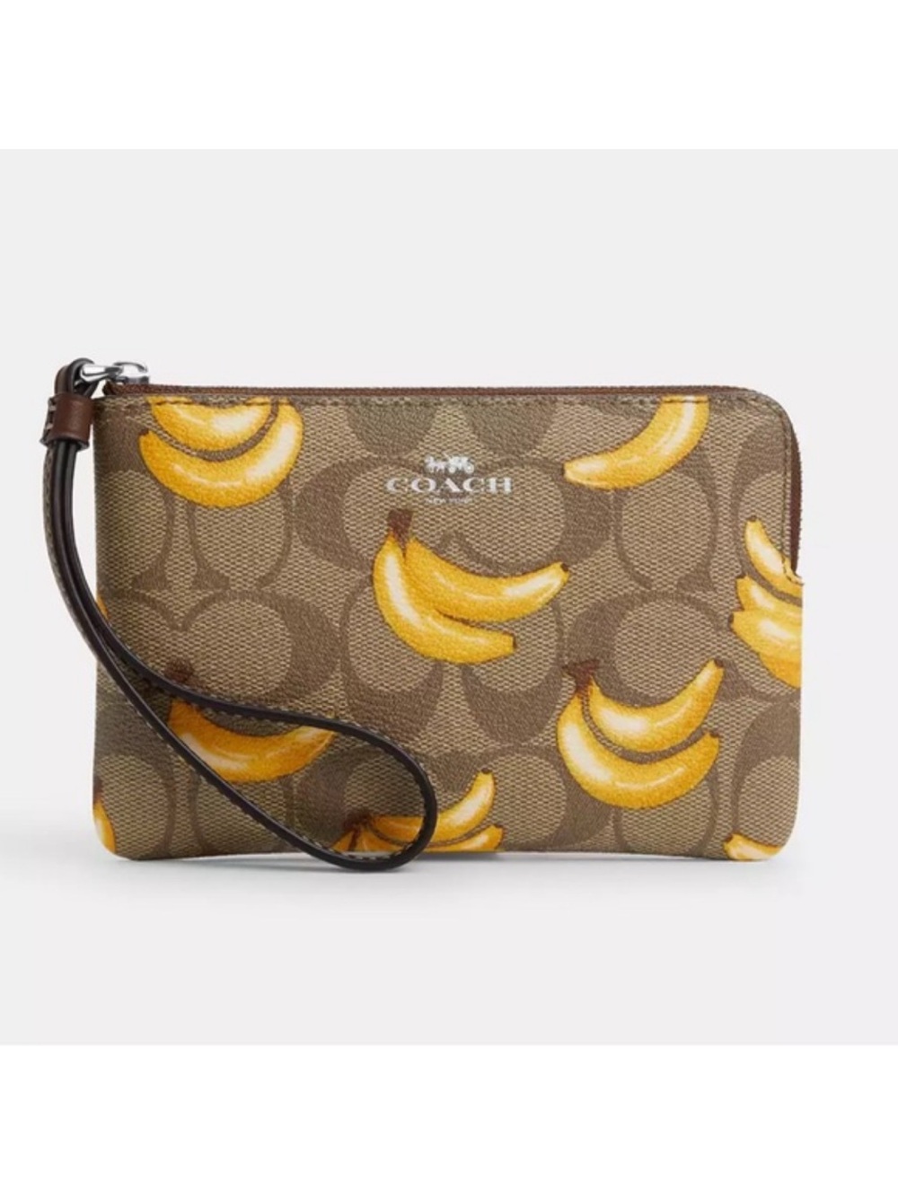 Coach Brown Signature Wristlet with Yellow Banana Print